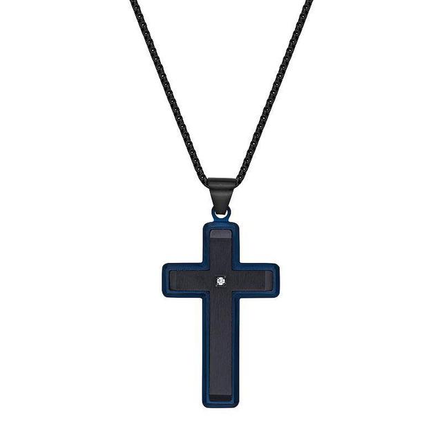 Mens LYNX Blue & Black Ion-Plated Stainless Steel Diamond Accent Cross Pendant Necklace Product Image