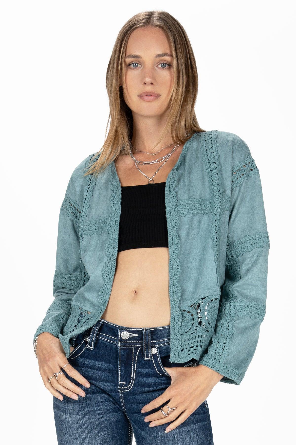 Faux Suede Crochet Open Cardigan Product Image