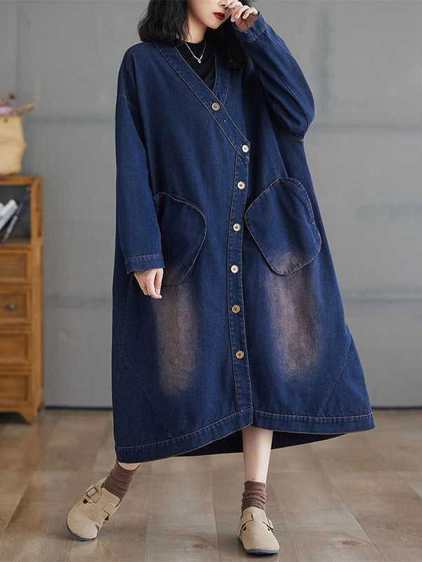 High-Low Long Sleeves Asymmetric Buttoned Pockets Split-Joint V-Neck Outerwear Product Image