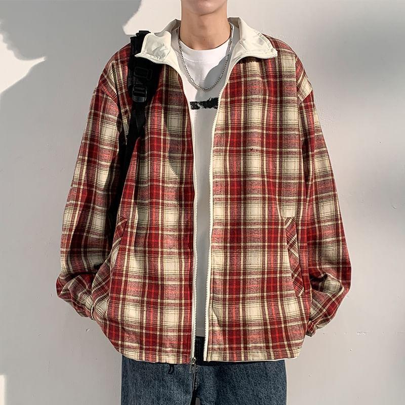 Stand Collar Plaid Panel Zip Jacket Product Image