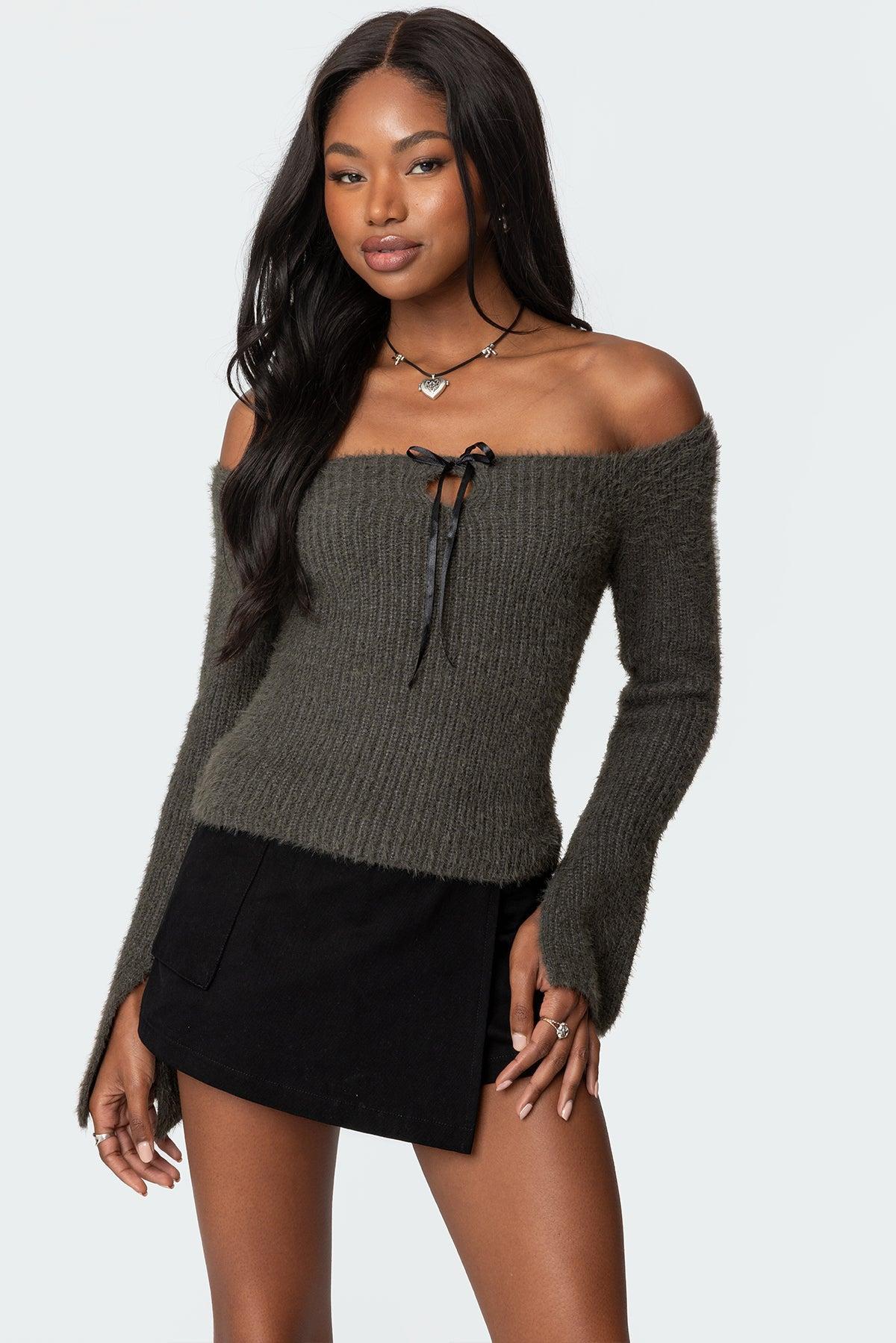 Keyhole Off Shoulder Ribbed Knit Top Product Image