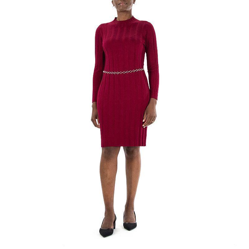 Womens Nina Leonard Ribbed Mockneck Sweaterdress Dark Red Product Image