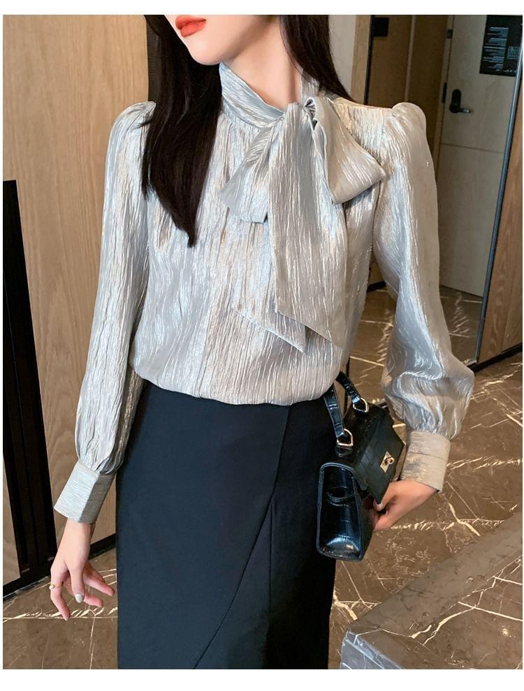 Long-Sleeve Tie-Neck Plain Blouse Product Image