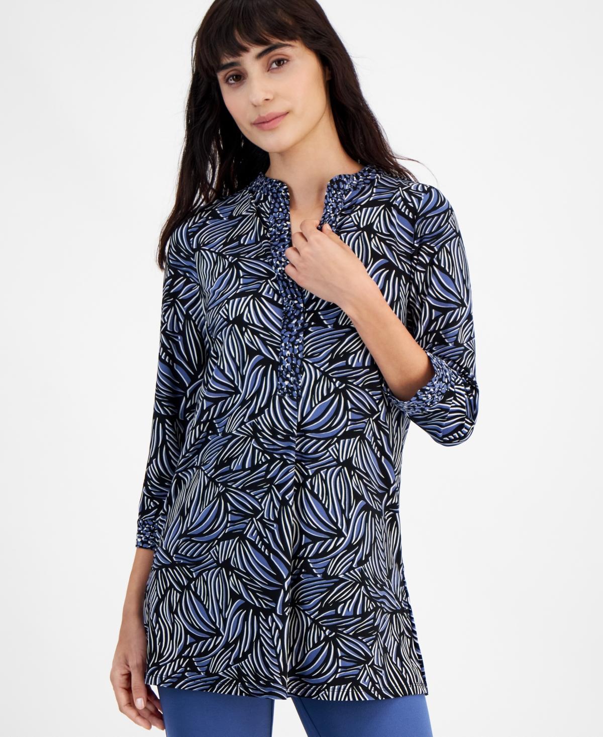 Anne Klein Womens Printed Band-Collar Tunic Top - Blue Jay Product Image