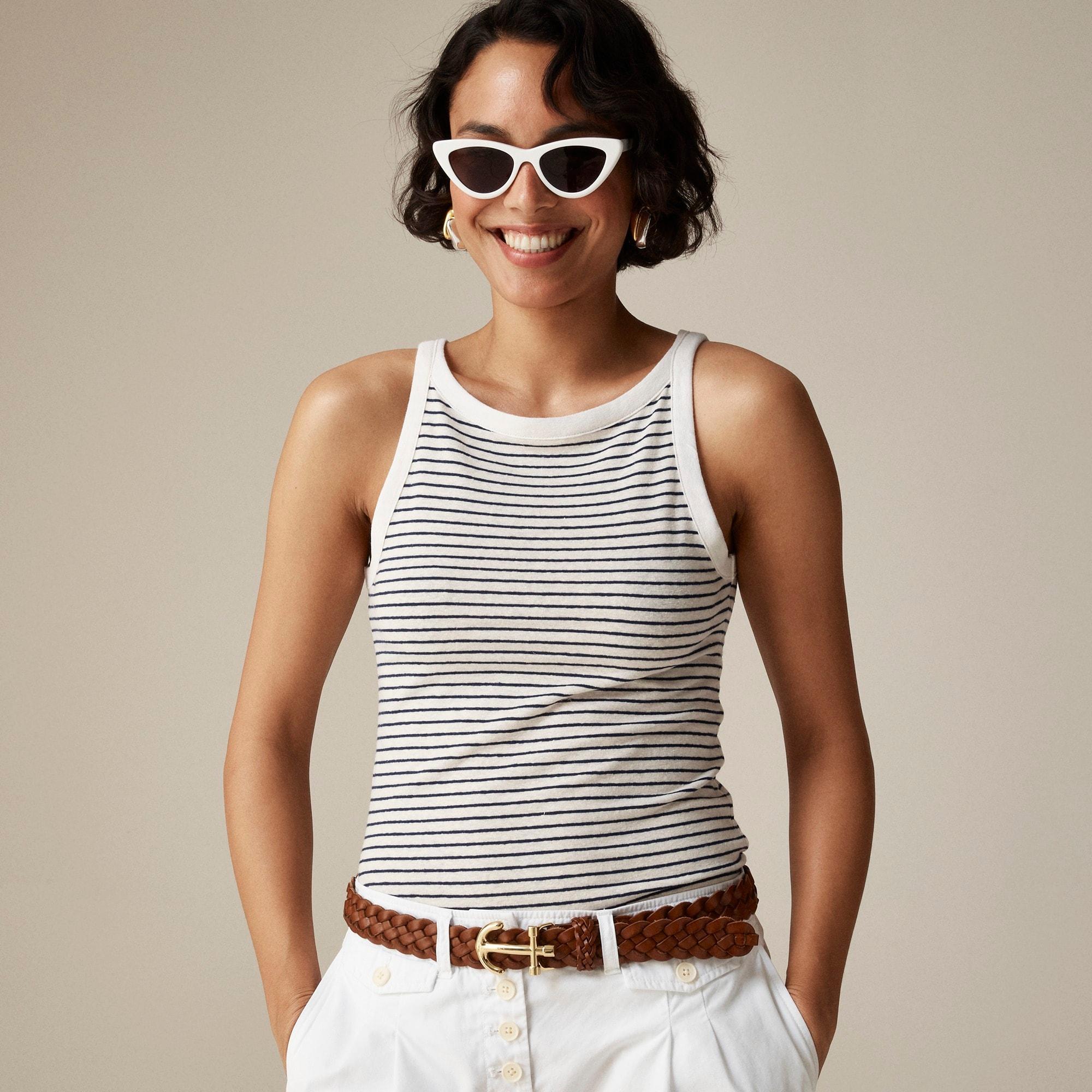 High-neck tank top in striped stretch linen blend product image