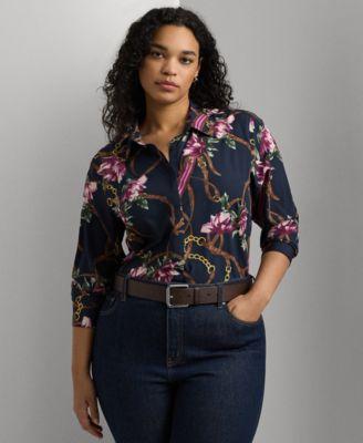 Plus Size Long-Sleeve Floral Shirt Product Image