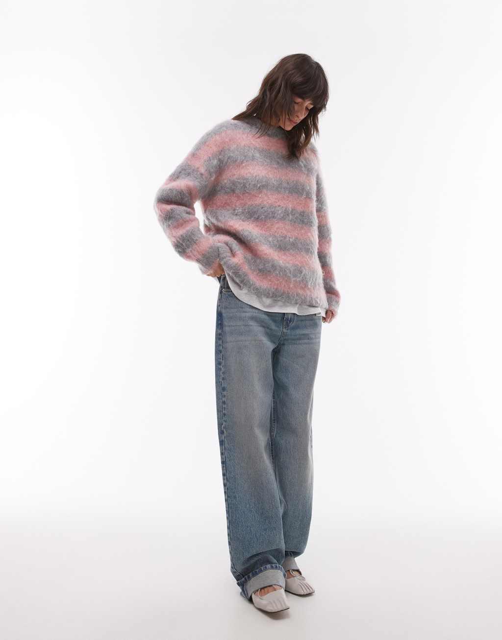 Topshop knitted ultra fluffy stripe relaxed sweater in pink and gray Product Image