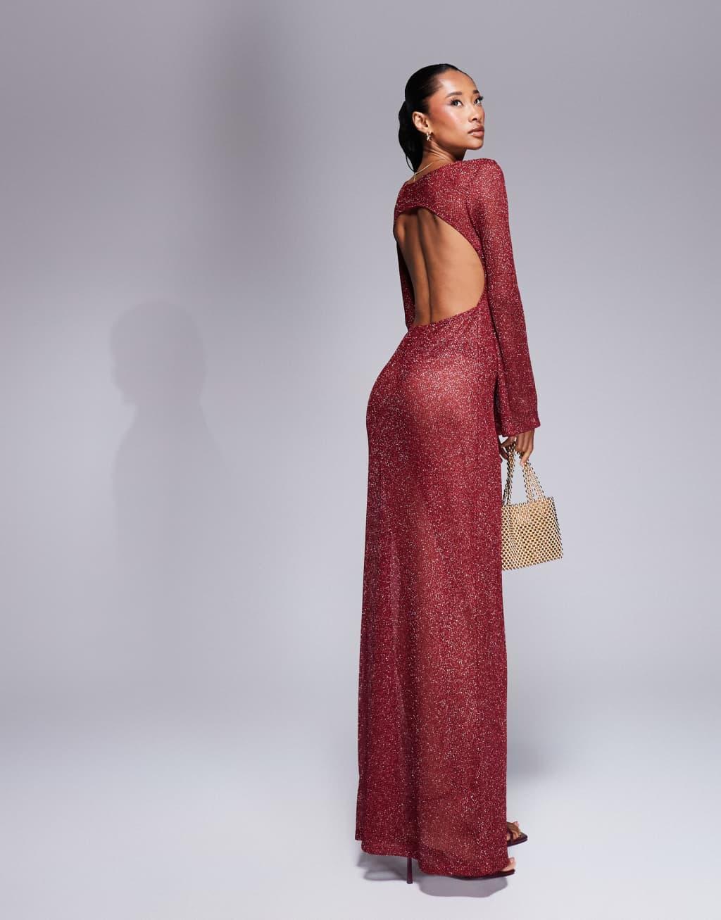 ASOS DESIGN sheer shimmer knit angel sleeeve maxi dress with cut out back in red Product Image