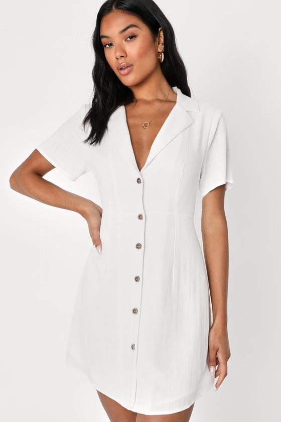 Central Park Sweetie White Linen Collared Button-Up Mini Dress Product Image