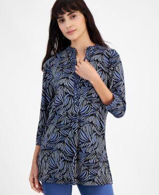 Anne Klein Womens Printed Band-Collar Tunic Top - Blue Jay Product Image