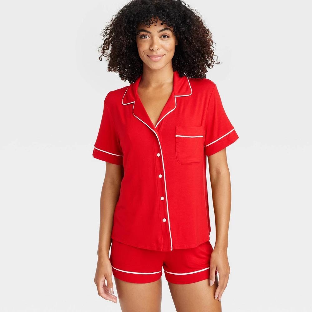 Womens Cloud Knit Short Sleeve Top and Shorts Pajama Set - Auden Red XS Product Image