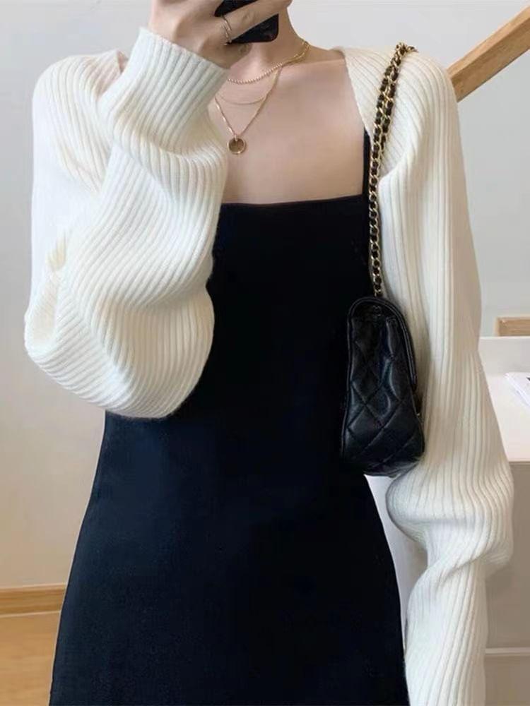 Plain Ribbed Bolero Cardigan Product Image