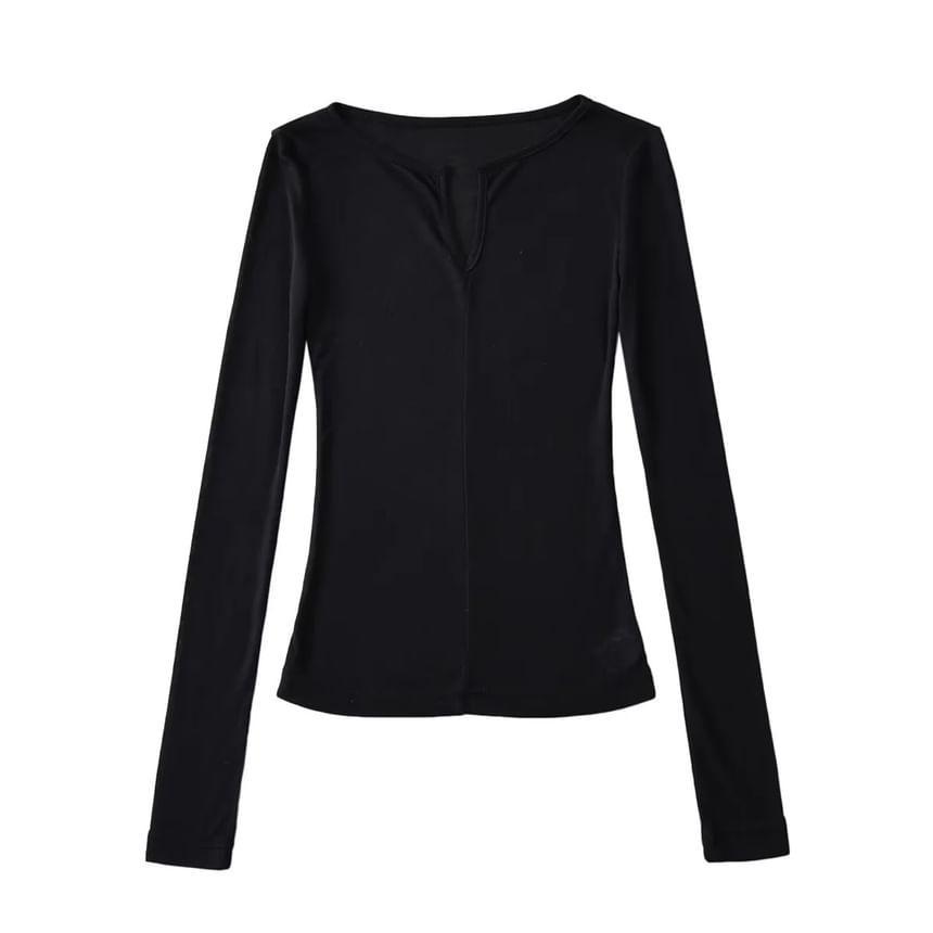 Long Sleeve Notch Neck Plain T-Shirt Product Image