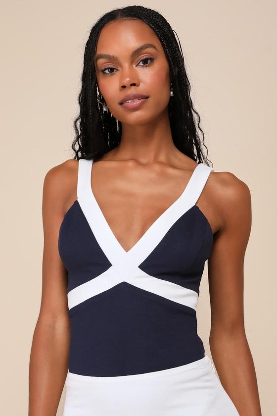 Casual Excellence Navy Color Block V-Neck Sleeveless Bodysuit Product Image