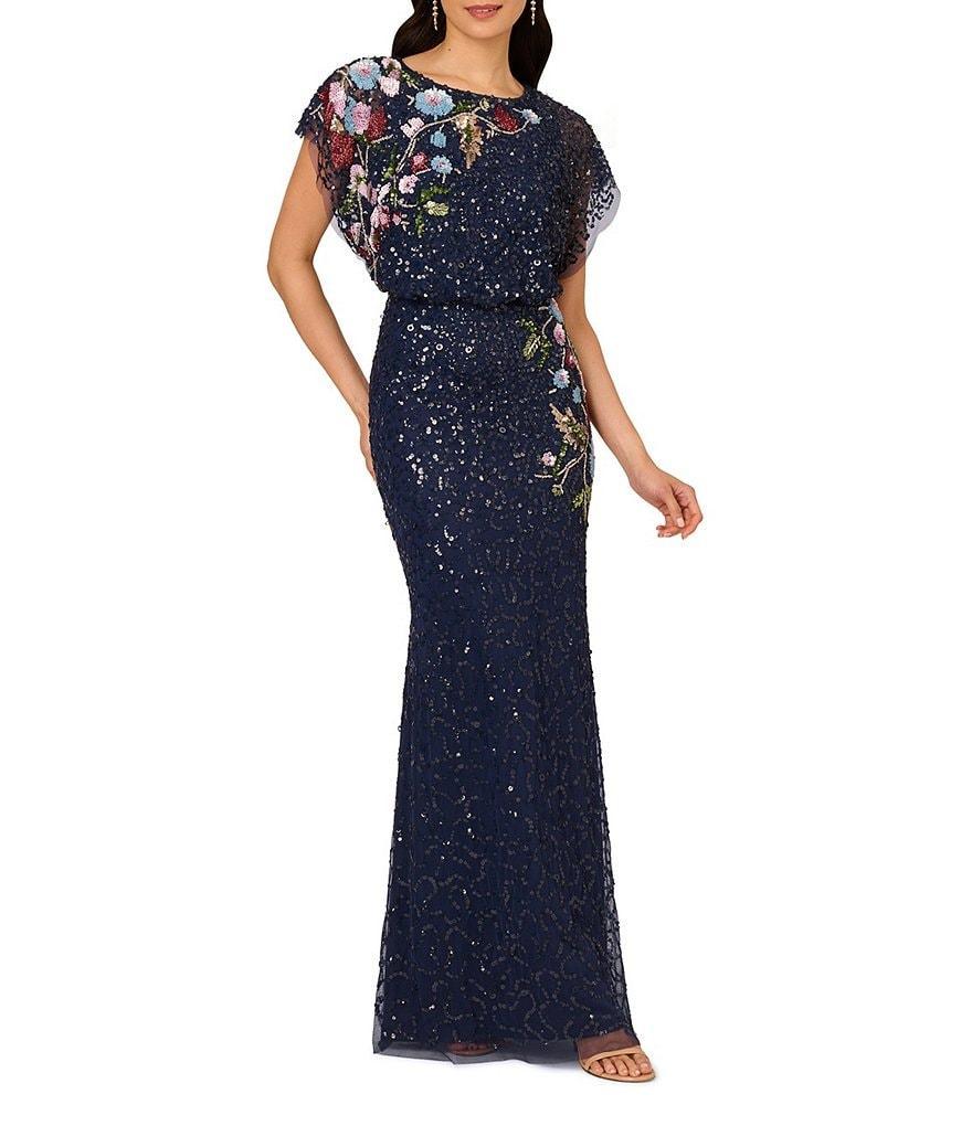 Adrianna Papell Beaded Sequin Mesh Floral Mermaid Boat Neck Short Dolman Sleeve Gown Product Image