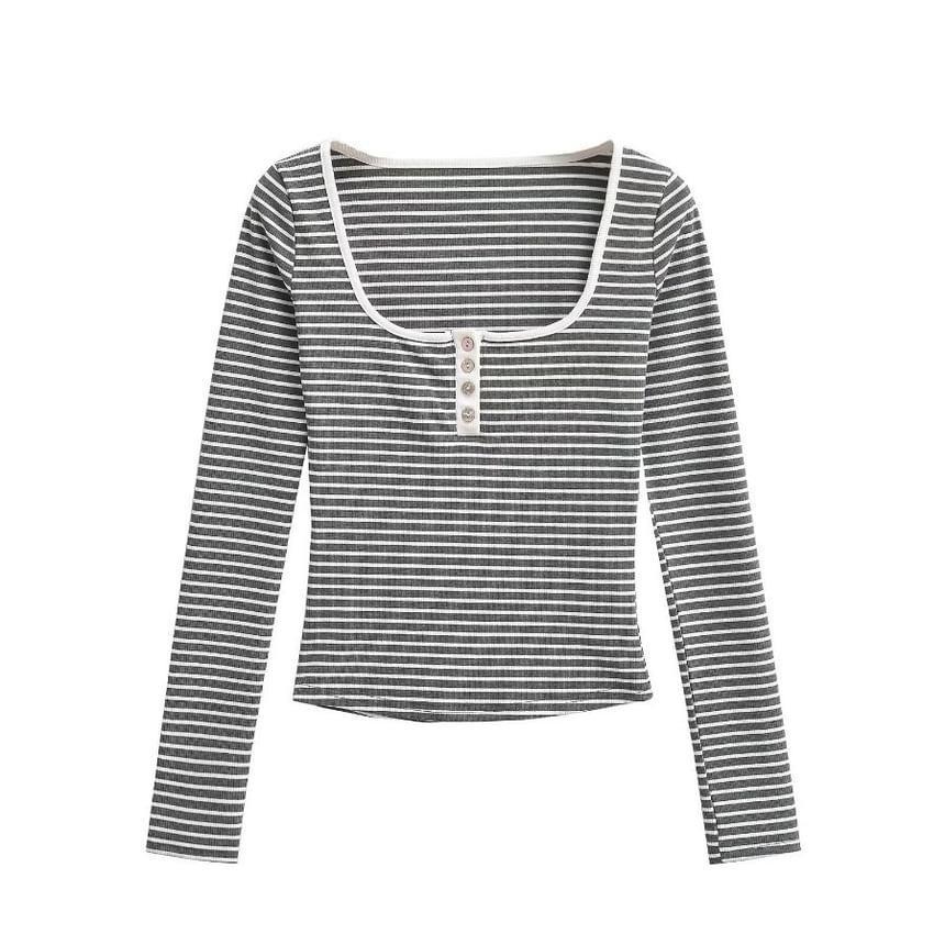 Long-Sleeve Square-Neck Striped Henley T-Shirt Product Image