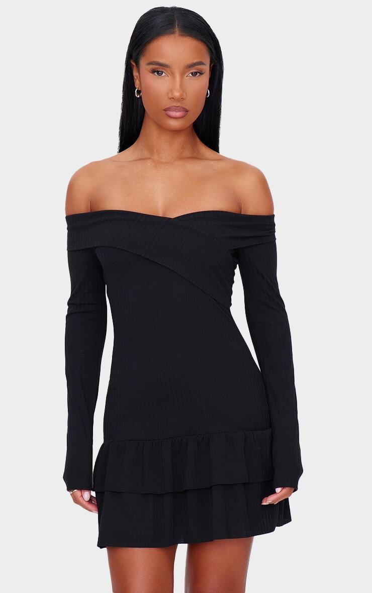 Black Ribbed Bardot Cross Over Bust Detail Shift Dress Product Image