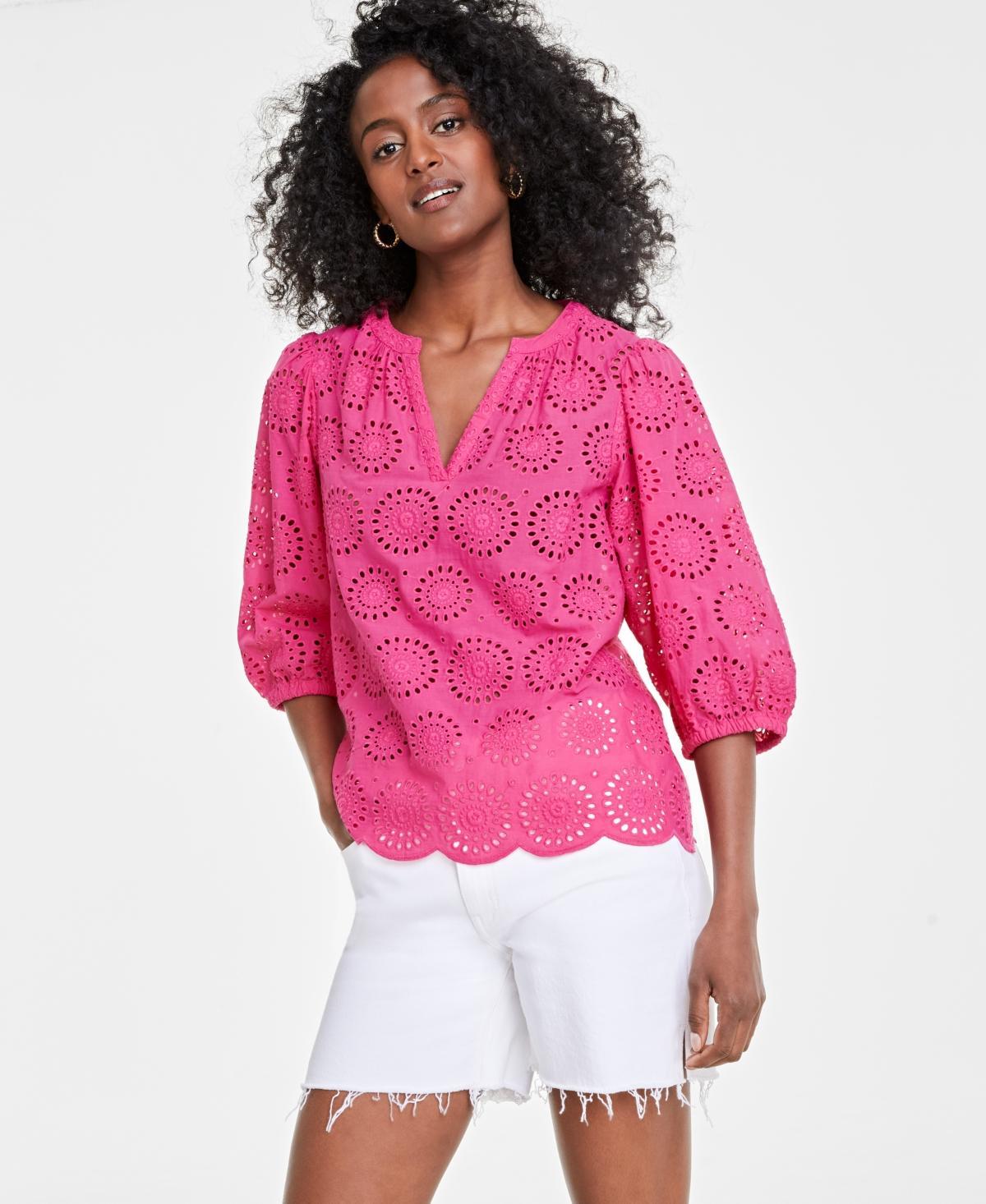 Women's Solid Eyelet Puff-Sleeve Blouse, Created for Macy's Product Image