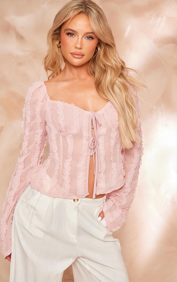 Pink Chiffon Frill Flare Sleeve Tie Front Shirt Product Image