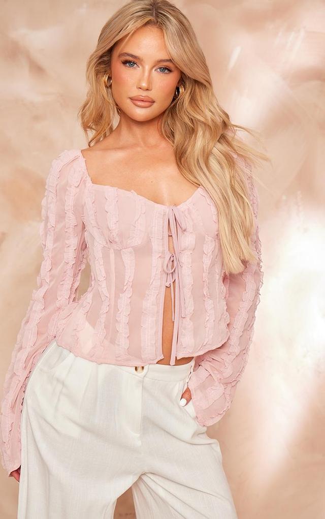 Pink Chiffon Frill Flare Sleeve Tie Front Shirt Product Image