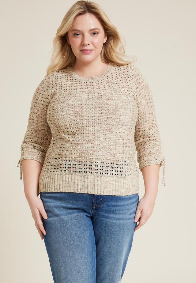 Maurices Plus Size Womens Marled Pointelle Cinched Sleeve Sweater Beige Size 4X Product Image