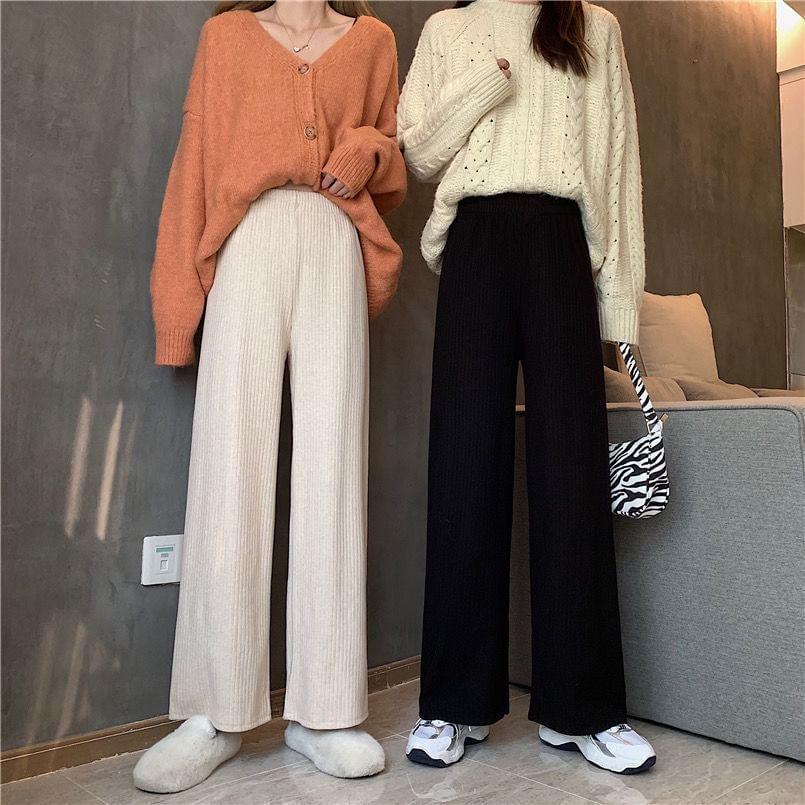 Mid Rise Plain Ribbed Wide Leg Pants (Various Designs) Product Image