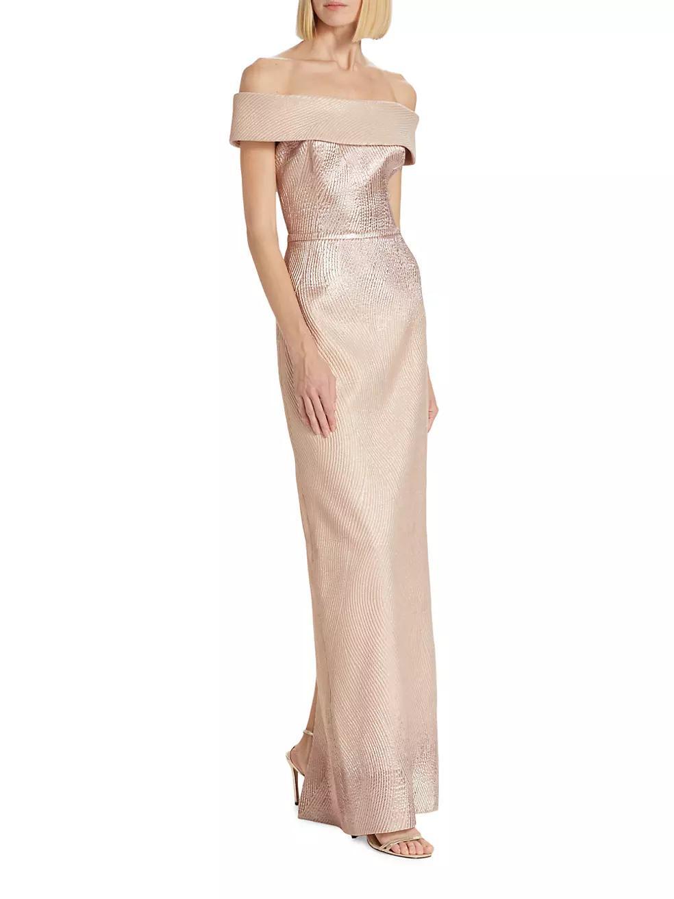 Metallic Off-The-Shoulder Wavy Rib-Knit Gown Product Image