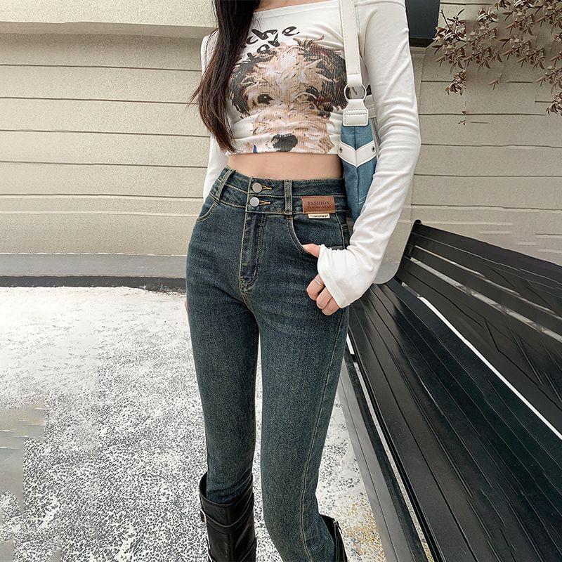 High Rise Washed Applique Skinny Jeans Product Image