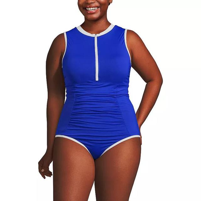 Plus Size Lands End Chlorine Resistant High Neck Zip Front One-Piece Swimsuit, Womens Product Image