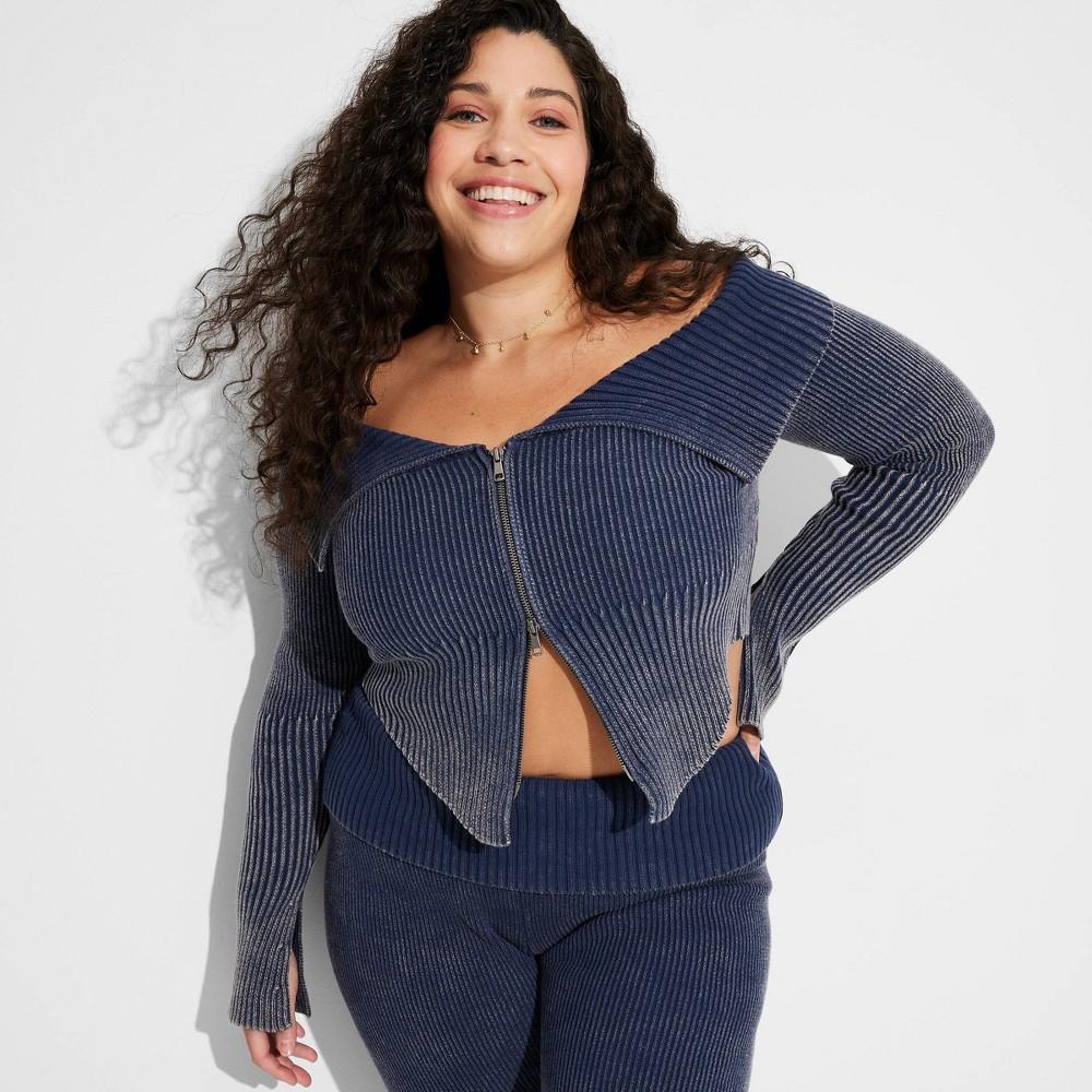 Womens Off the Shoulder Zip-Up Sweater - Wild Fable Blue 1X Product Image