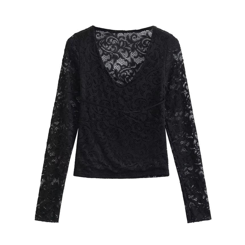 Long-Sleeve V-Neck Lace Top Product Image