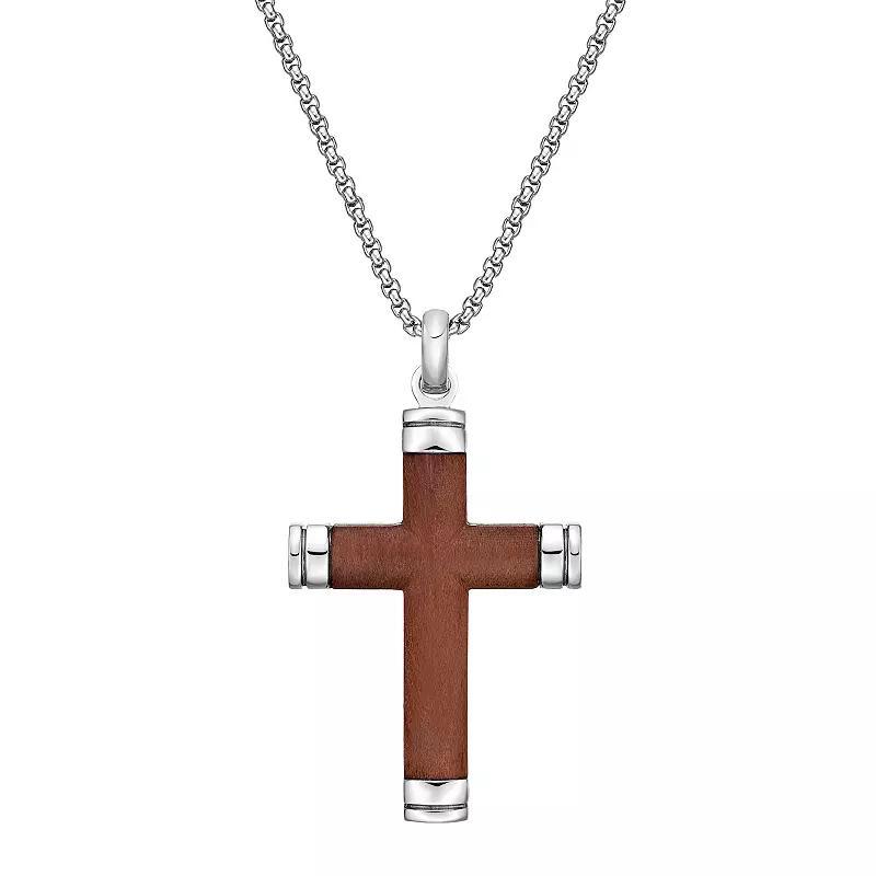 Mens LYNX Stainless Steel & Wood Cross Pendant Necklace Two Tone Product Image