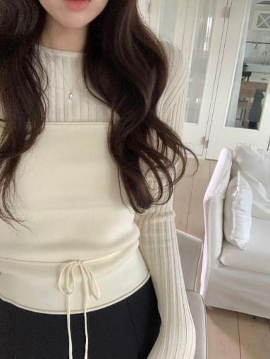 Set: Long Sleeve Round Neck Plain Ribbed Knit Top + Tube Top Product Image