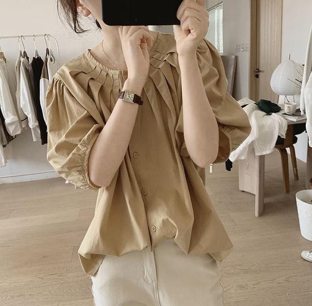 Puff-Sleeve Crew Neck Plain Blouse Product Image