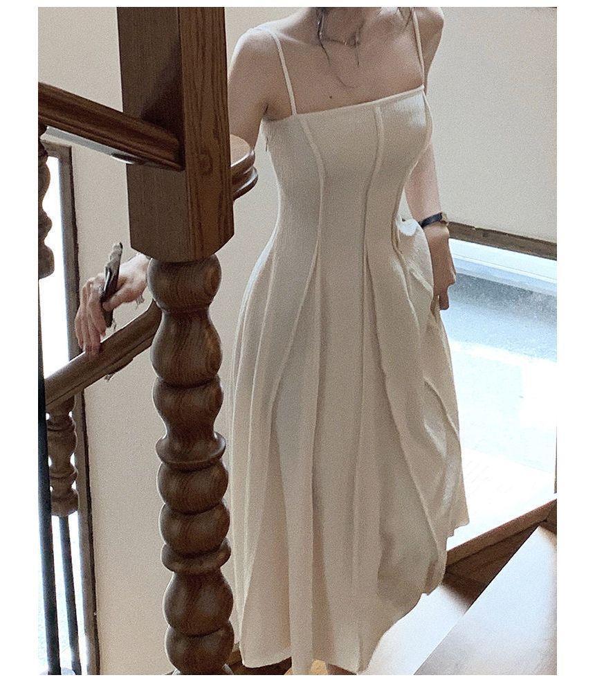 Spaghetti Strap Plain Crinkled Seam Front Midi A-Line Dress Product Image