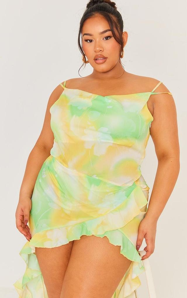 Plus Green Abstract Ruffle Detail Midi Dress Product Image