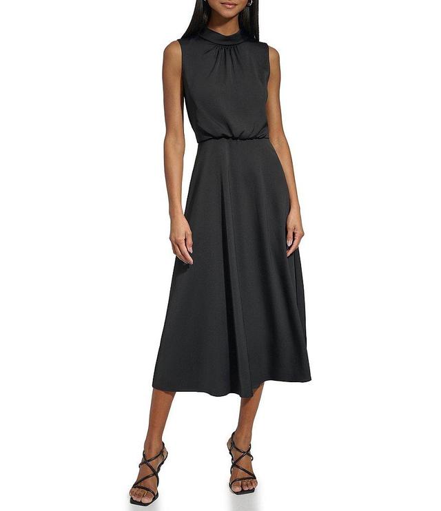 KARL LAGERFELD PARIS Satin Crepe Mock Neck Sleeveless Blouson Midi Dress Product Image