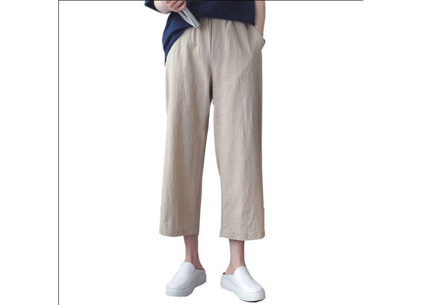 Elastic Waist Plain Linen Crop Wide Leg Pants Product Image