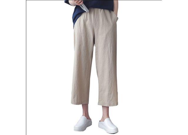 Elastic Waist Plain Linen Crop Wide Leg Pants Product Image