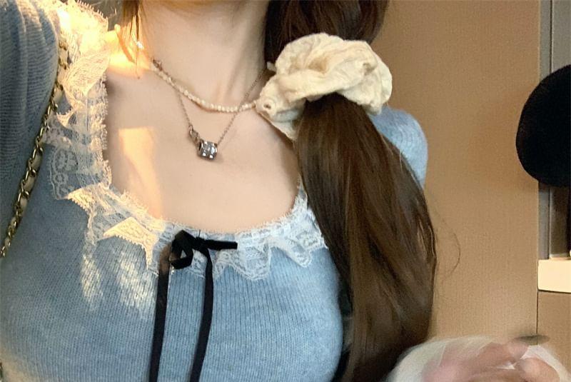 Long-Sleeve Scoop Neck Bow Accent Lace Trim Lettuce Edge Slim Fit Knit Top Product Image