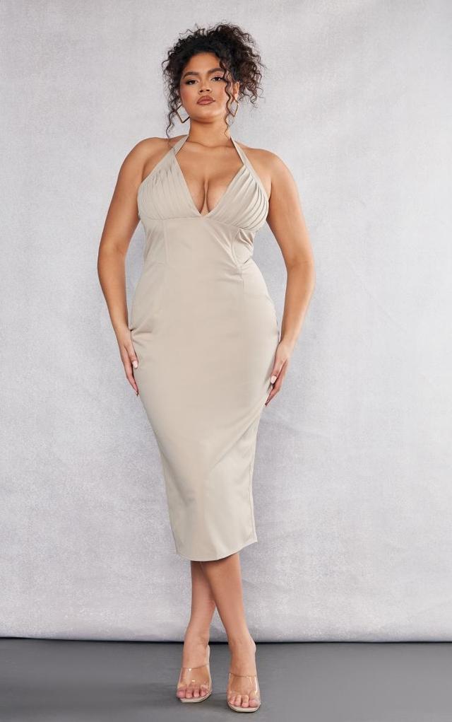 Plus Beige Pleated Bust Midi Dress Product Image