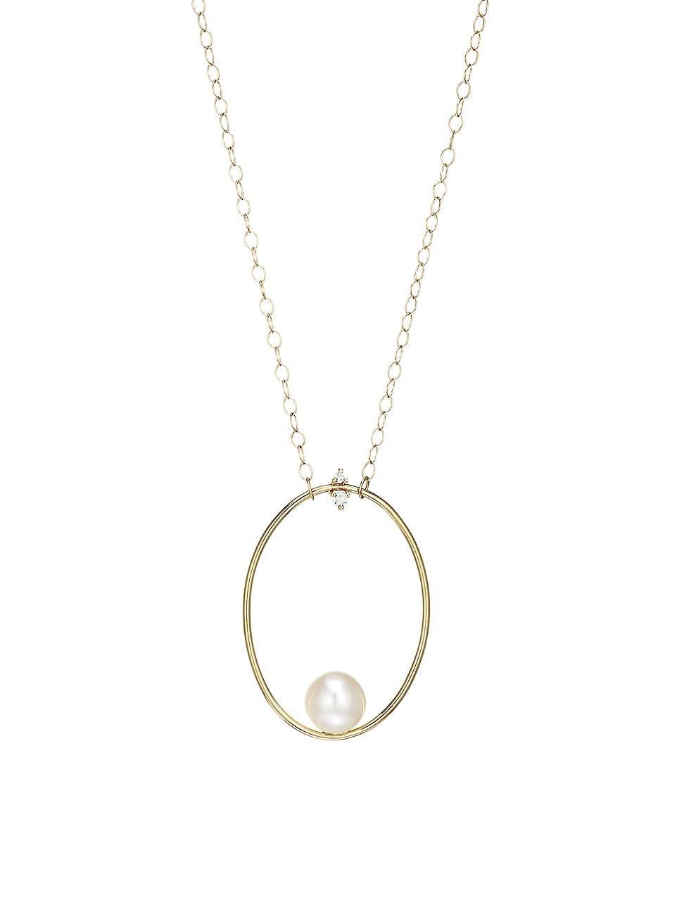 Womens Large 14K Yellow Gold, Floating 10MM Freshwater Pearl & Diamond Oval Pendant Necklace Product Image