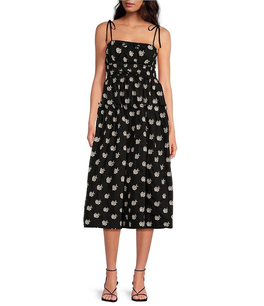 En Saison Adreana Embroidered Flower Square Neck Sleeveless Tie Strap Midi Dress product image