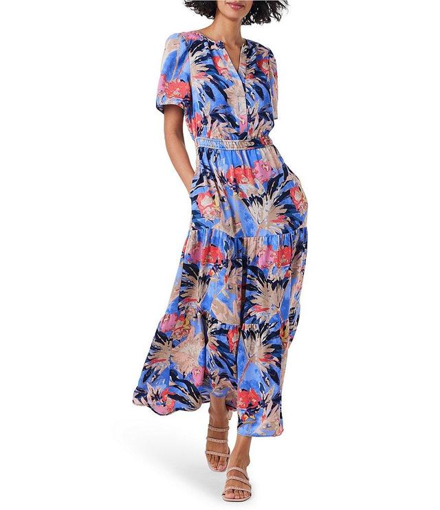 NIC + ZOE Dreamscape Daydream Floral Print Satin Chiffon Split V-Neck Short Sleeve Tiered A-Line Maxi Dress Product Image