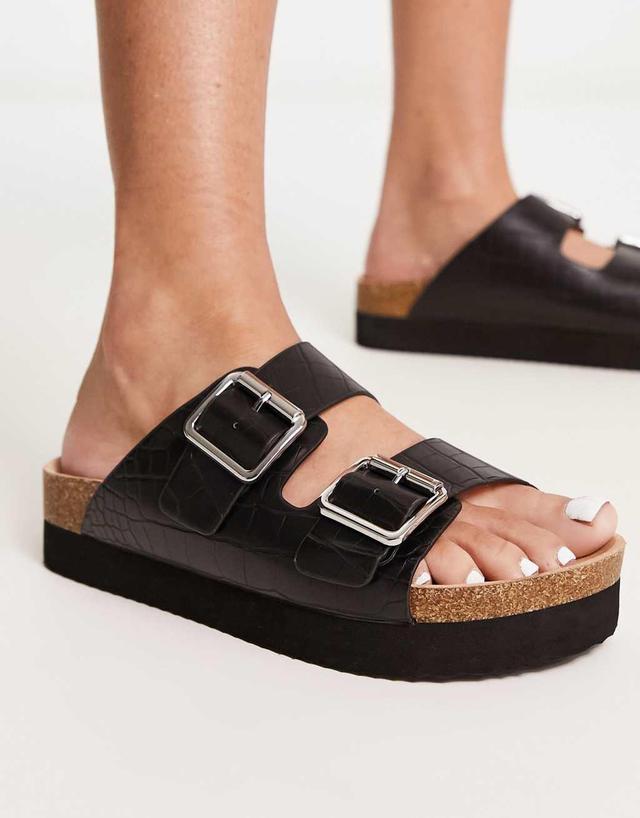 Monki double strap flat croc sandals in black Product Image