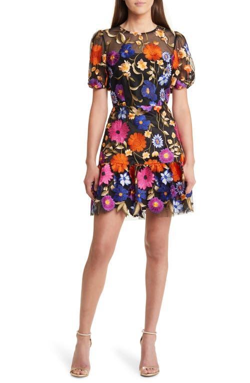 Milly Yasmin Floral Embroidered Puff Sleeve Mesh Fit & Flare Dress Product Image