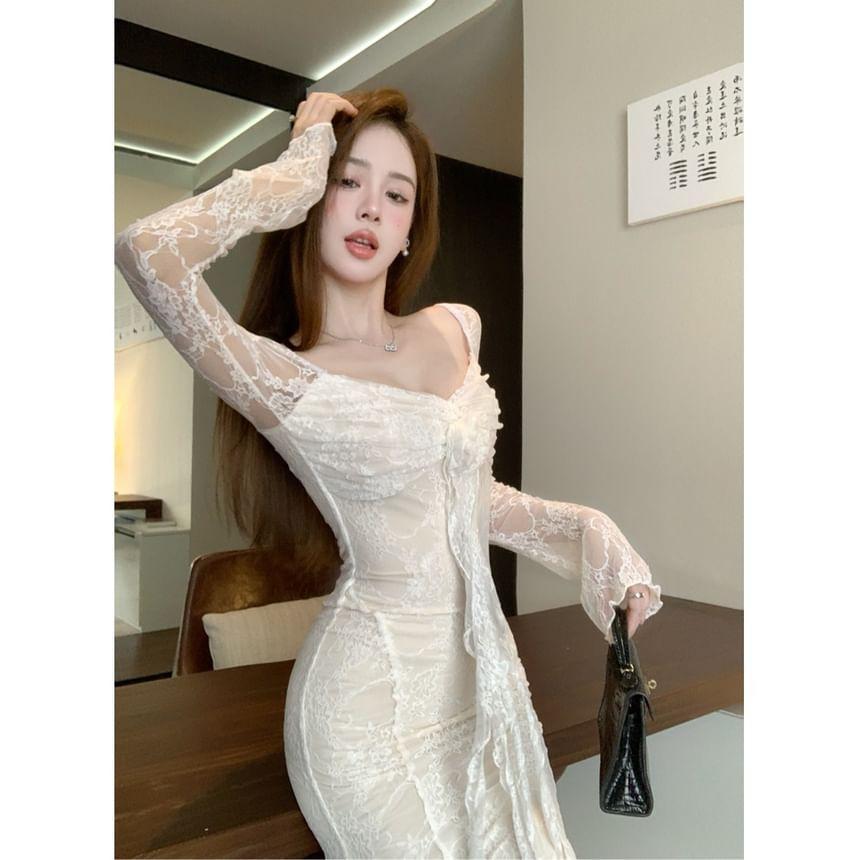 Long Sleeve Square Neck Lace Bodycon Maxi Dress Product Image