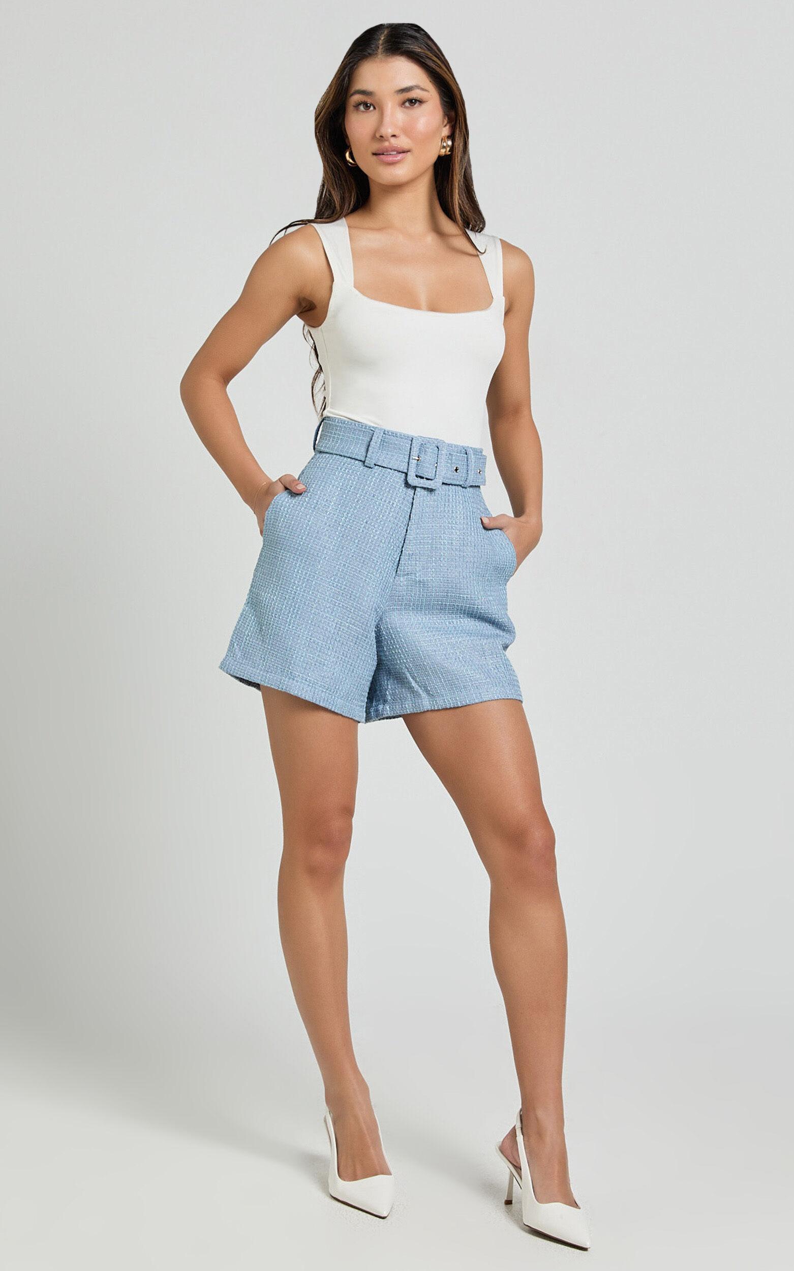 Delilah Shorts - High Waist Belted A Line Tweed Shorts in Blue Product Image