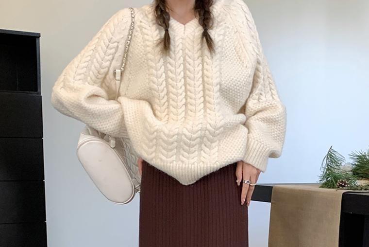 Elastic Waist Ribbed Midi Pencil Knit Skirt Product Image