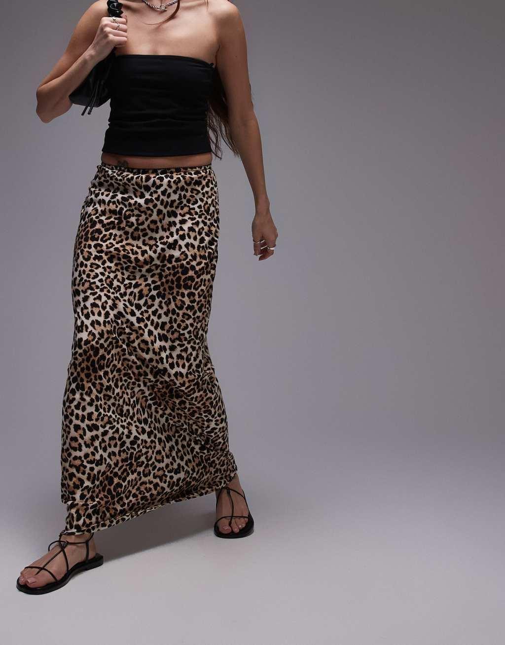 Topshop maxi lingerie trim bias cut skirt in leopard print Product Image